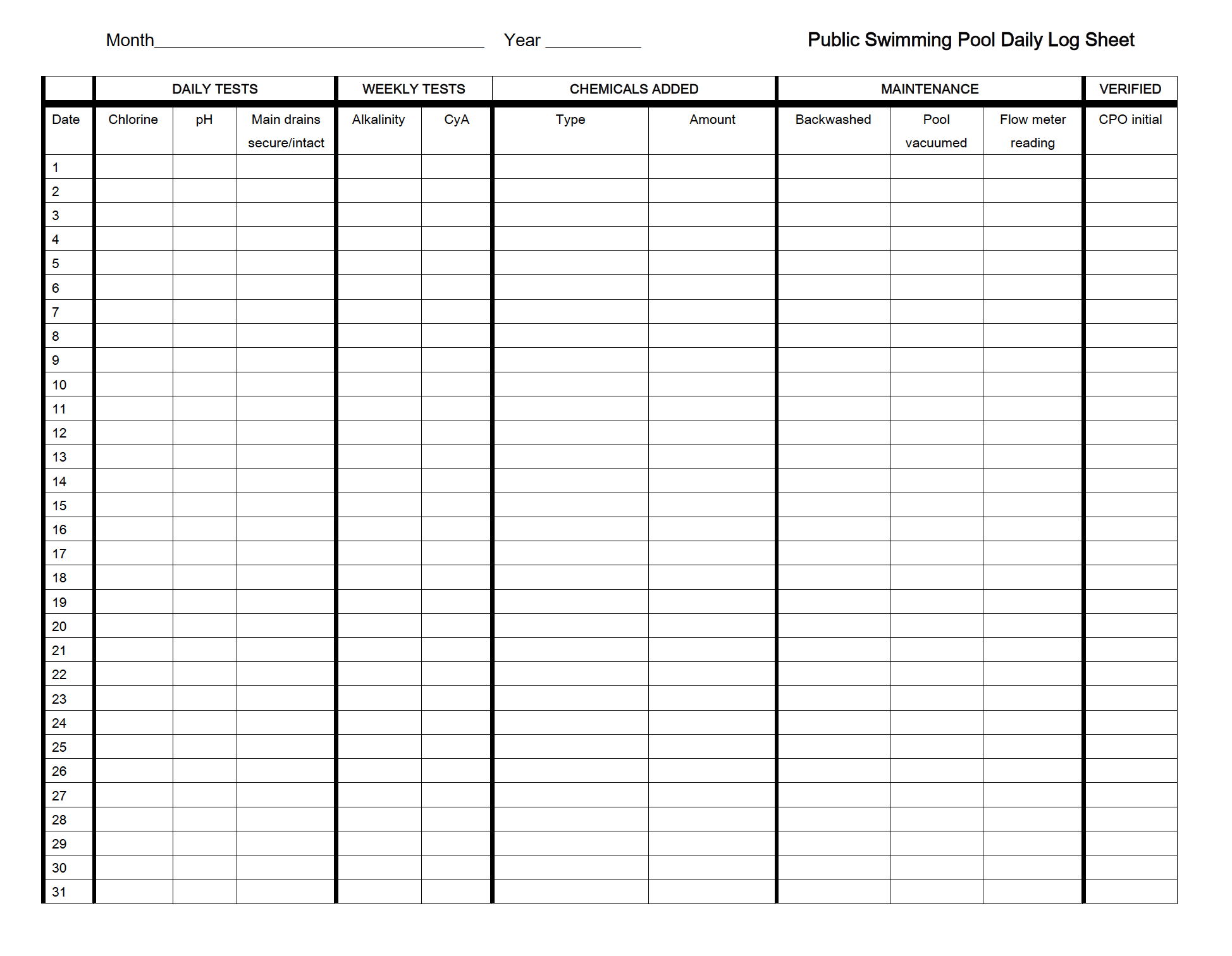 Pool Chemical Log Sheet Excel